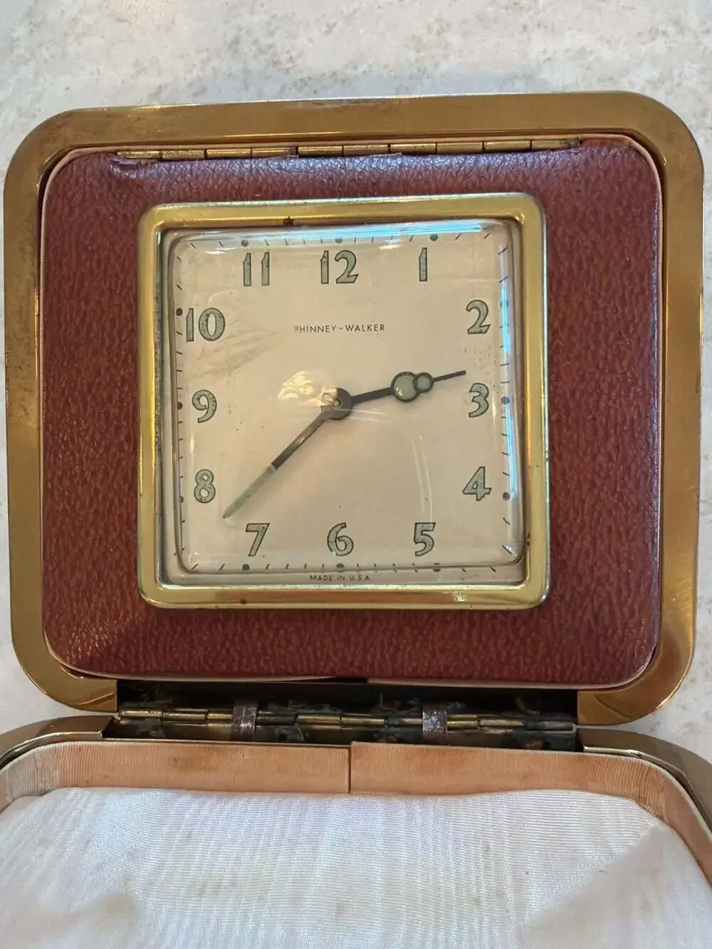 Vintage Phinney-Walker Brown Leather Folding Travel Alarm Clock